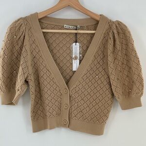 NWT Alice + Olivia Romi Cropped Embellished Pointelle-Knit Cardigan Sand Size S